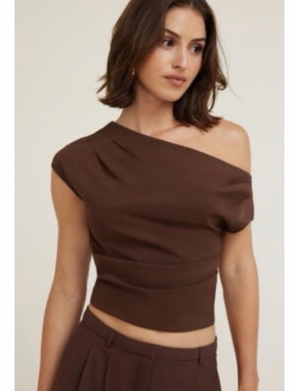 Dynamite Brown One-Shoulder Cropped Top